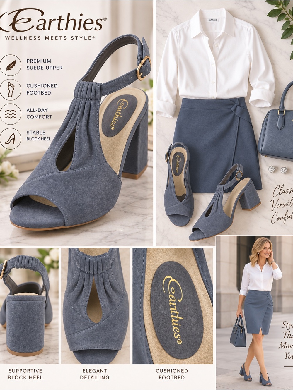 Earthies VERIA
Women’s 12.0
SEAPORT BLUE SUEDE Grey heels dress shoes